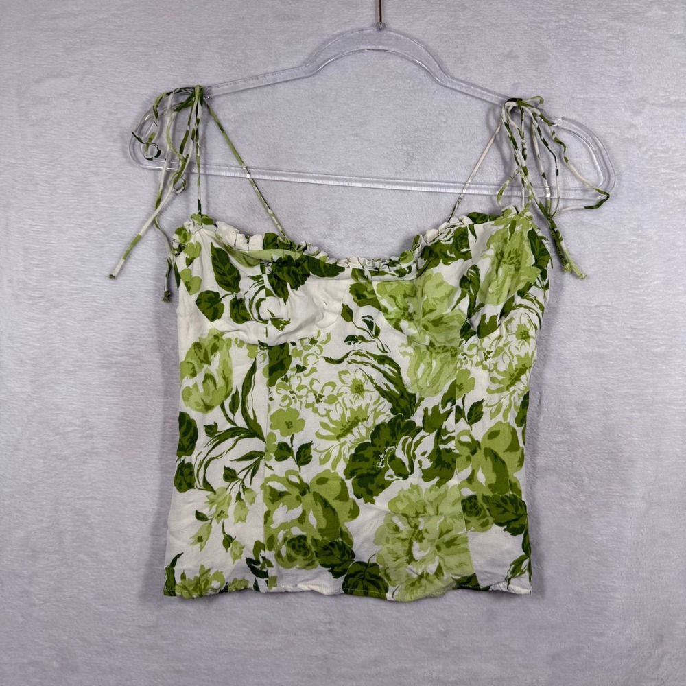 Reformation Green Floral Tie Strap Smocked Back Viscose Cami Top Size 8